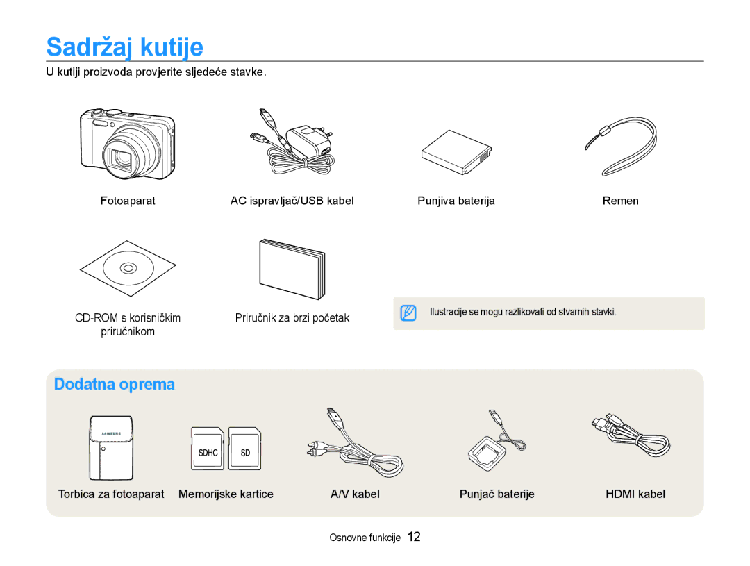 Samsung EC-WB600ZBPNE3, EC-WB600ZBPBE3, EC-WB600ZBPAE3 manual Sadržaj kutije, Dodatna oprema, Osnovne funkcije 