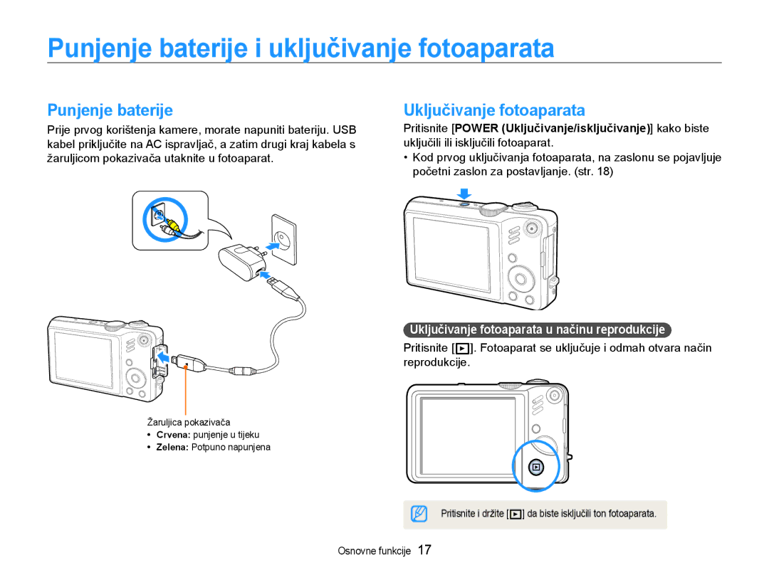 Samsung EC-WB600ZBPBE3, EC-WB600ZBPNE3 manual Punjenje baterije i uključivanje fotoaparata, Uključivanje fotoaparata 