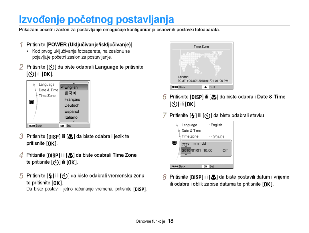 Samsung EC-WB600ZBPNE3, EC-WB600ZBPBE3 manual Izvođenje početnog postavljanja, Pritisnite Power Uključivanje/isključivanje 