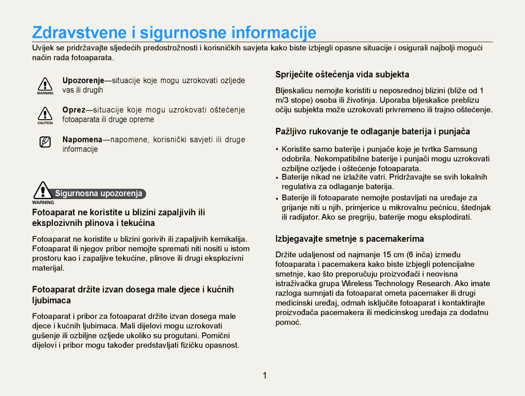 Samsung EC-WB600ZBPAE3 manual Spriječite oštećenja vida subjekta, Pažljivo rukovanje te odlaganje baterija i punjača 