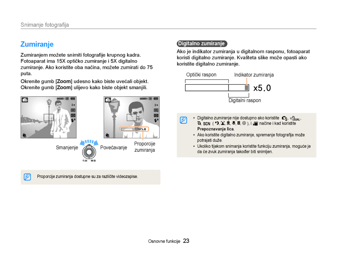 Samsung EC-WB600ZBPBE3, EC-WB600ZBPNE3 Zumiranje, Snimanje fotograﬁja, Digitalno zumiranje, Povećavanje, Digitalni raspon 