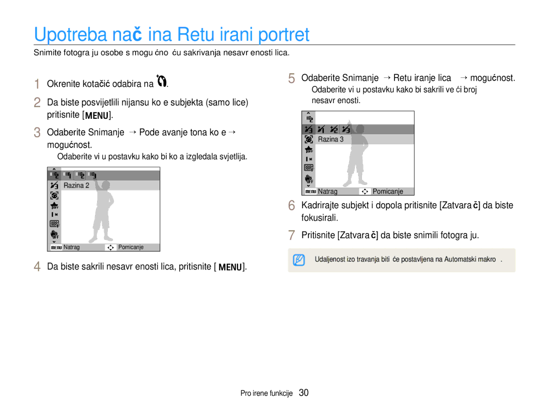 Samsung EC-WB600ZBPNE3, EC-WB600ZBPBE3, EC-WB600ZBPAE3 manual Upotreba načina Retuširani portret, Okrenite kotačić odabira na 