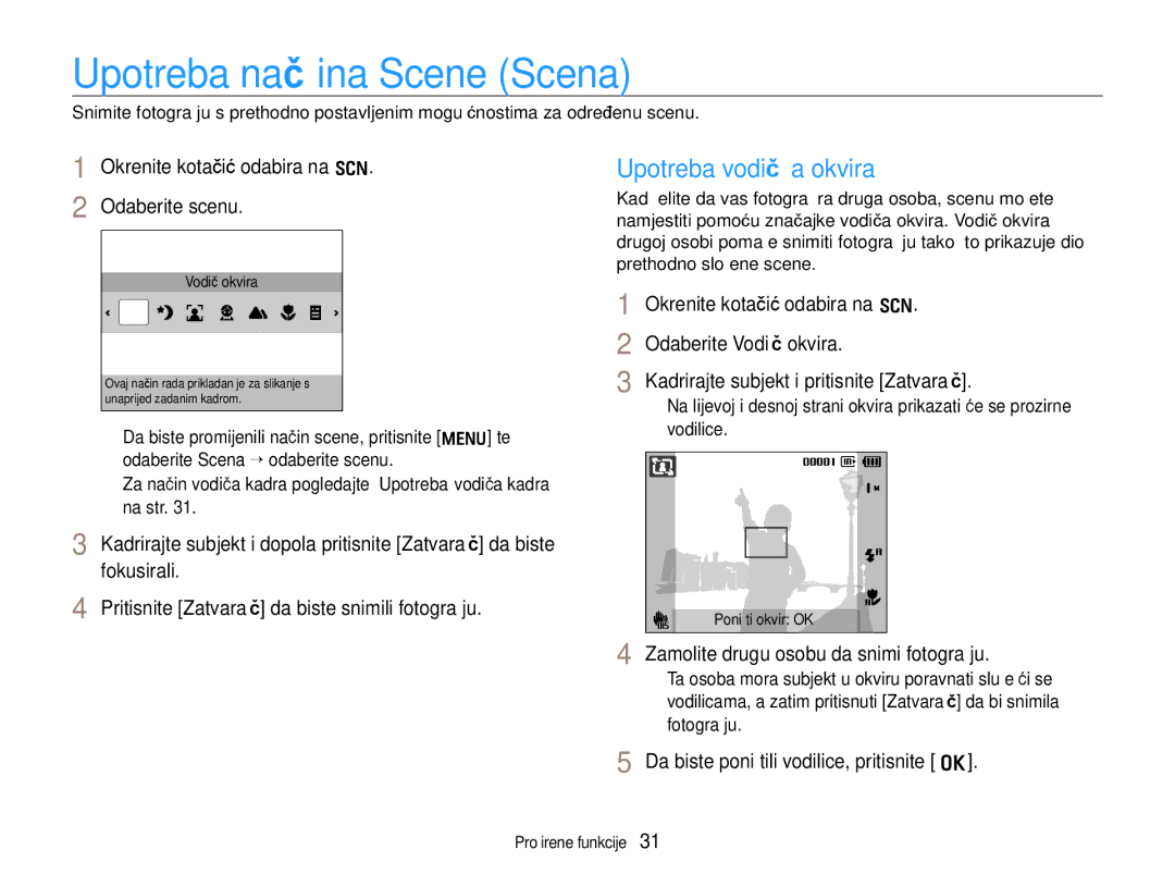 Samsung EC-WB600ZBPAE3, EC-WB600ZBPBE3 manual Upotreba načina Scene Scena, Upotreba vodiča okvira, Odaberite Vodič okvira 