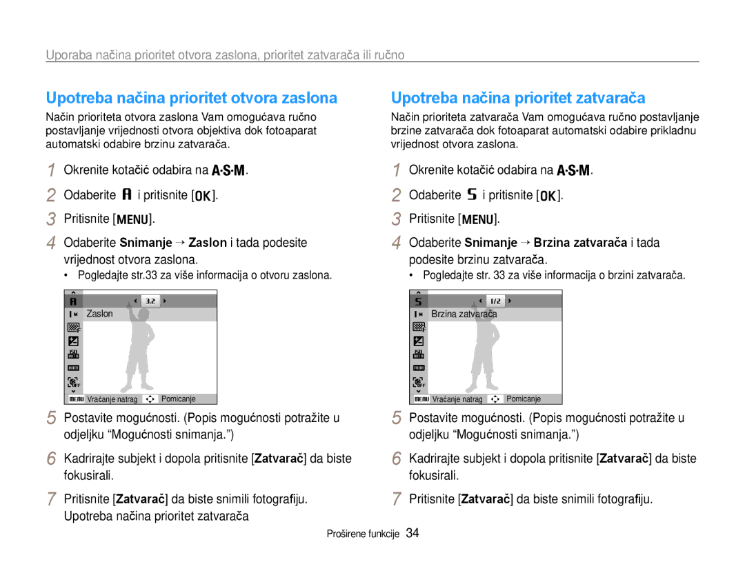 Samsung EC-WB600ZBPAE3, EC-WB600ZBPBE3 manual Upotreba načina prioritet otvora zaslona, Upotreba načina prioritet zatvarača 