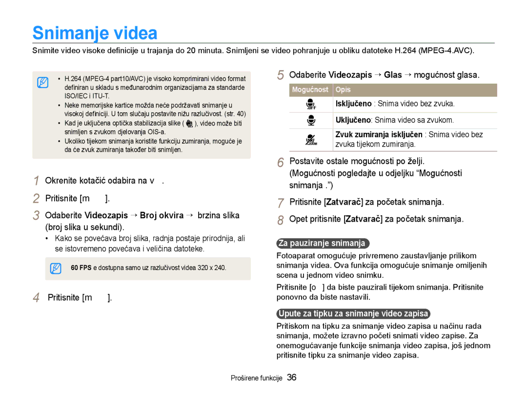 Samsung EC-WB600ZBPNE3, EC-WB600ZBPBE3 Snimanje videa, Okrenite kotačić odabira na Pritisnite m, Za pauziranje snimanja 