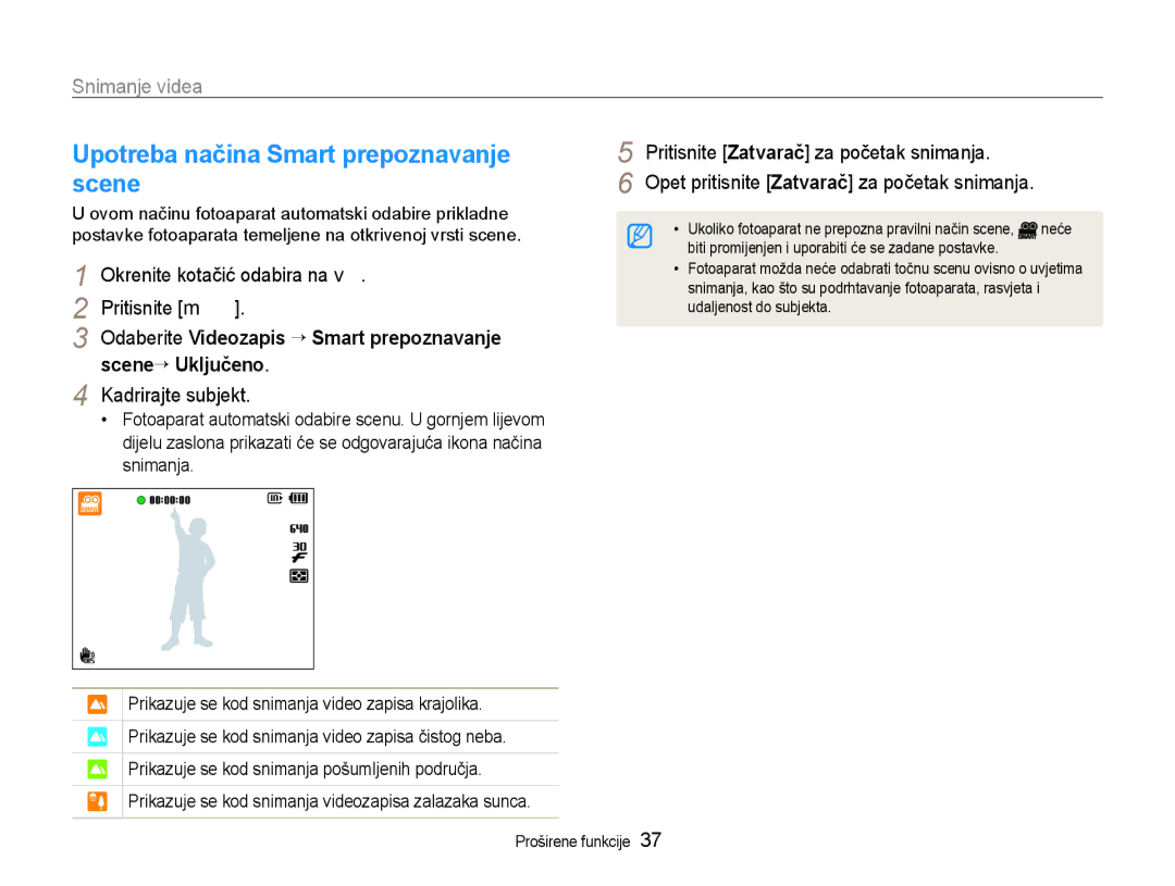 Samsung EC-WB600ZBPAE3, EC-WB600ZBPBE3 manual Upotreba načina Smart prepoznavanje scene, Snimanje videa, Kadrirajte subjekt 