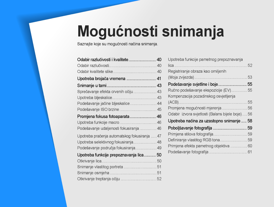 Samsung EC-WB600ZBPNE3, EC-WB600ZBPBE3, EC-WB600ZBPAE3 manual Mogućnosti snimanja 