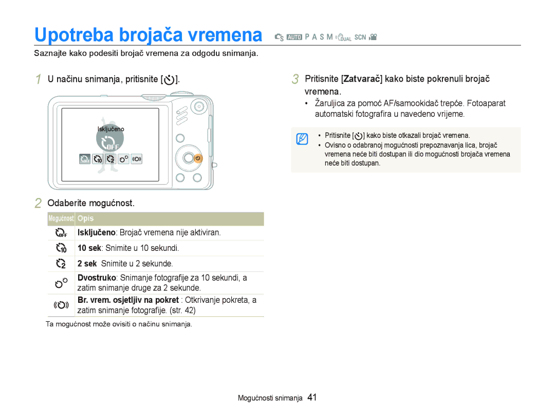 Samsung EC-WB600ZBPBE3 manual Upotreba brojača vremena S a p a h n d s, Načinu snimanja, pritisnite t, Odaberite mogućnost 