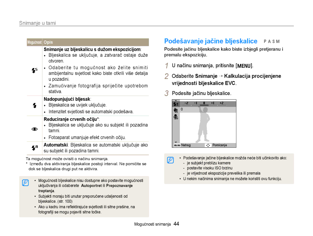 Samsung EC-WB600ZBPBE3 manual Podešavanje jačine bljeskalice p a h n, Snimanje u tami, Podesite jačinu bljeskalice 