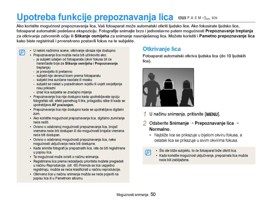 Samsung EC-WB600ZBPBE3, EC-WB600ZBPNE3, EC-WB600ZBPAE3 Upotreba funkcije prepoznavanja lica a p a h n d s, Otkrivanje lica 