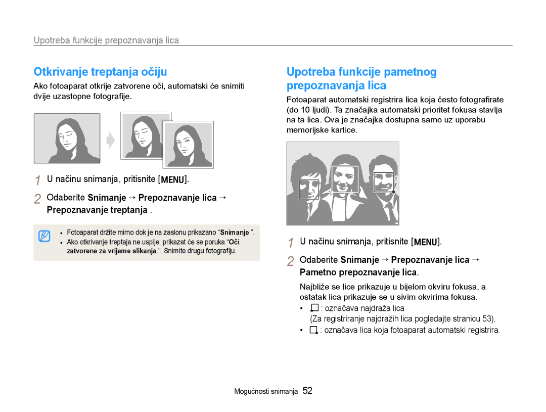 Samsung EC-WB600ZBPAE3, EC-WB600ZBPBE3 manual Otkrivanje treptanja očiju, Upotreba funkcije pametnog prepoznavanja lica 