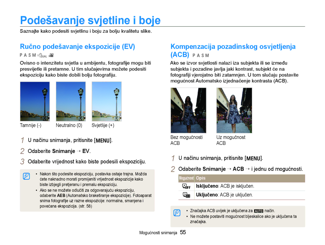 Samsung EC-WB600ZBPAE3 manual Podešavanje svjetline i boje, Ručno podešavanje ekspozicije EV, Odaberite Snimanje ¢EV 