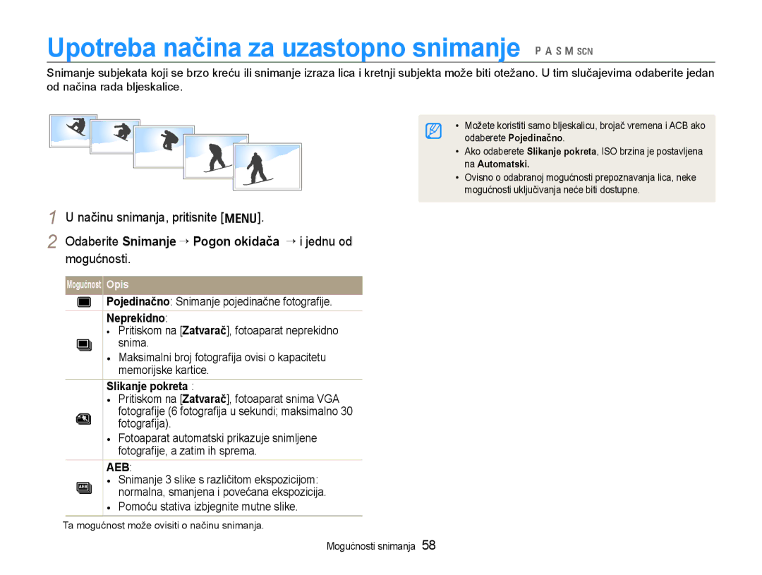 Samsung EC-WB600ZBPAE3, EC-WB600ZBPBE3 manual Upotreba načina za uzastopno snimanje p a h n s, Neprekidno, Slikanje pokreta 