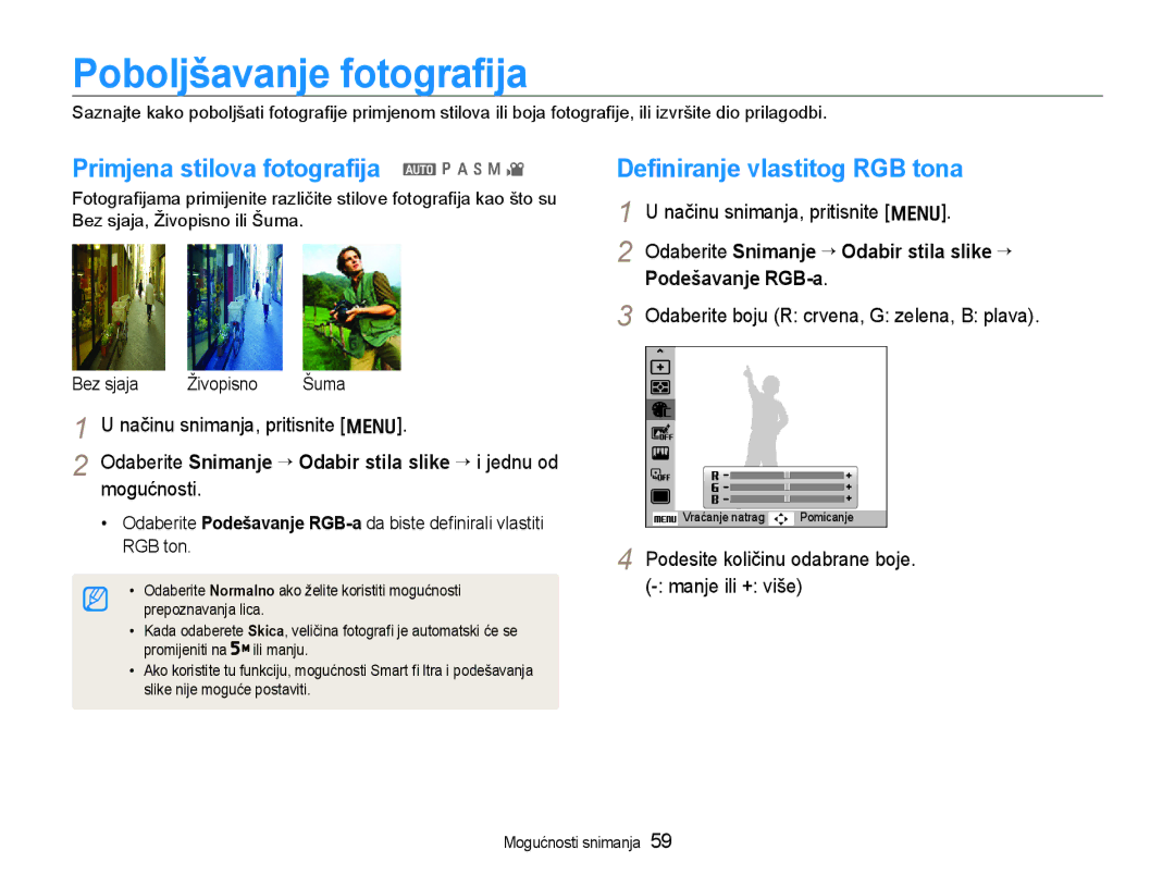 Samsung EC-WB600ZBPBE3 Poboljšavanje fotograﬁja, Primjena stilova fotograﬁja a p a h n, Deﬁniranje vlastitog RGB tona 