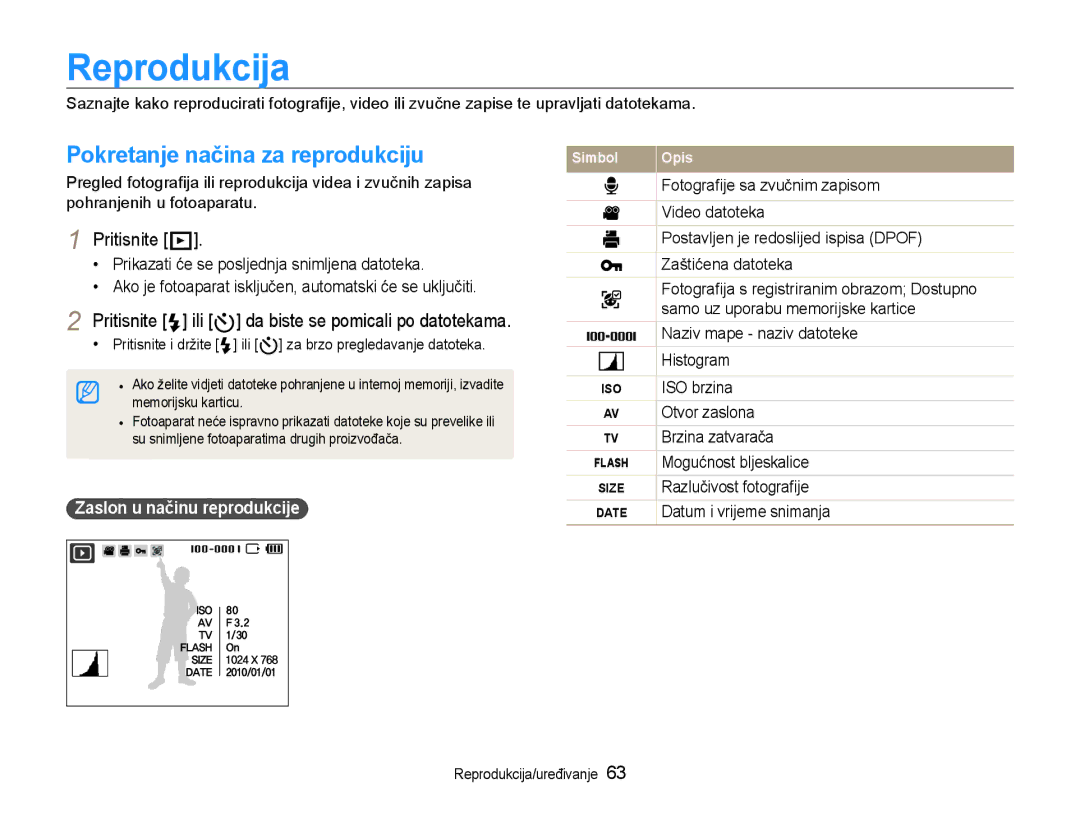 Samsung EC-WB600ZBPNE3 manual Reprodukcija, Pokretanje načina za reprodukciju, Pritisnite P, Zaslon u načinu reprodukcije 