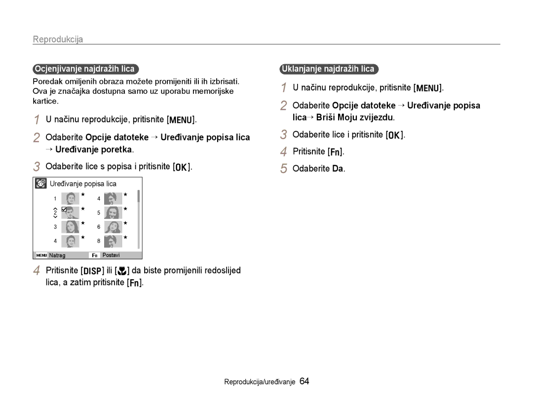 Samsung EC-WB600ZBPAE3 manual Reprodukcija, Načinu reprodukcije, pritisnite m, Odaberite lice s popisa i pritisnite o 