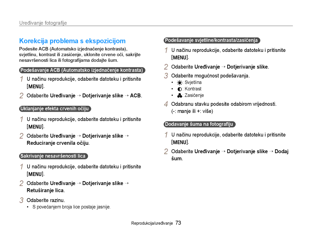 Samsung EC-WB600ZBPAE3, EC-WB600ZBPBE3 Korekcija problema s ekspozicijom, Odaberite Uređivanje ¢ Dotjerivanje slike ¢ ACB 