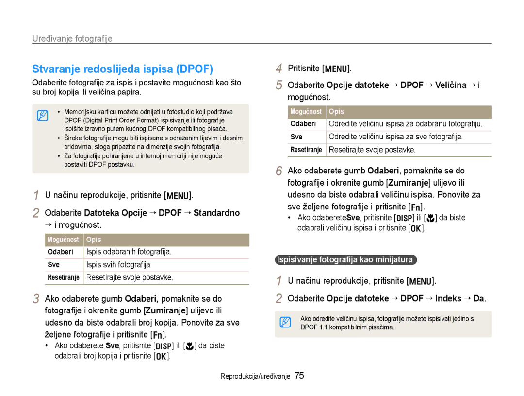 Samsung EC-WB600ZBPNE3 Stvaranje redoslijeda ispisa Dpof, Odaberite Datoteka Opcije ¢ Dpof ¢ Standardno, Pritisnite m 