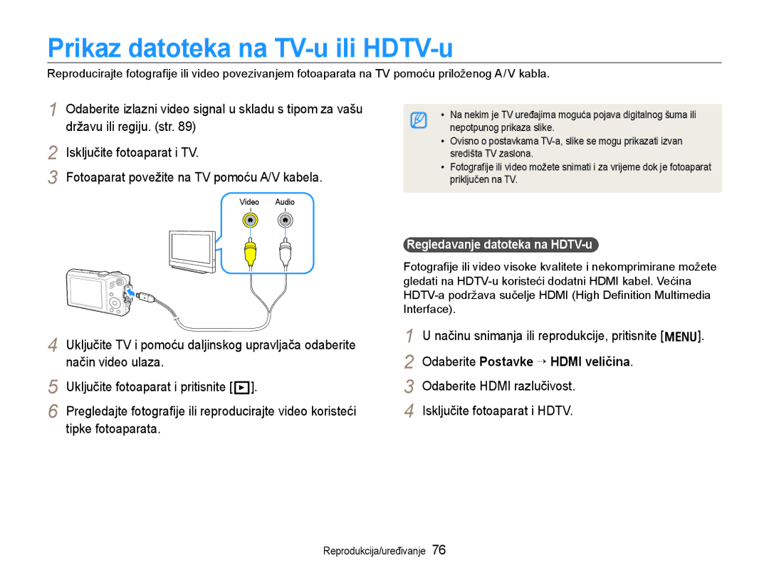 Samsung EC-WB600ZBPAE3, EC-WB600ZBPBE3, EC-WB600ZBPNE3 Prikaz datoteka na TV-u ili HDTV-u, Regledavanje datoteka na HDTV-u 