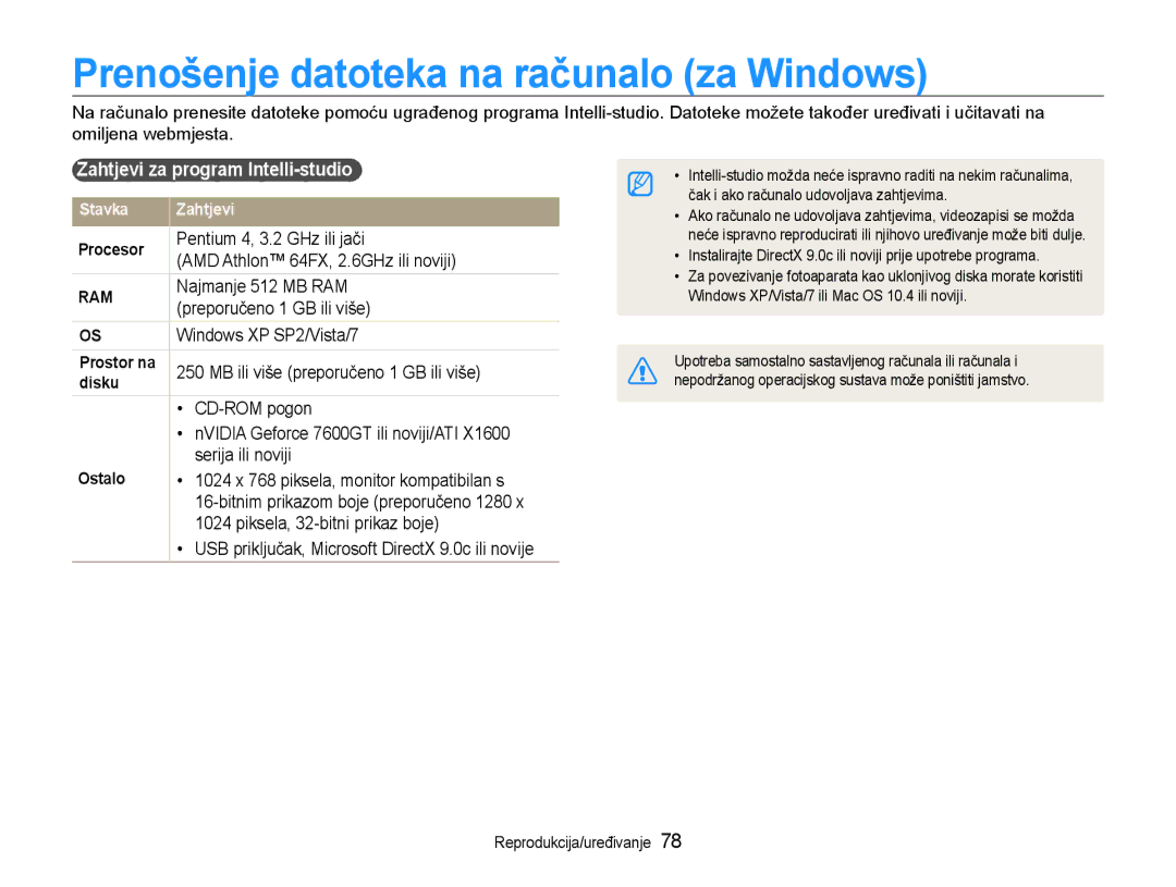 Samsung EC-WB600ZBPNE3 Prenošenje datoteka na računalo za Windows, Zahtjevi za program Intelli-studio, Stavka Zahtjevi 