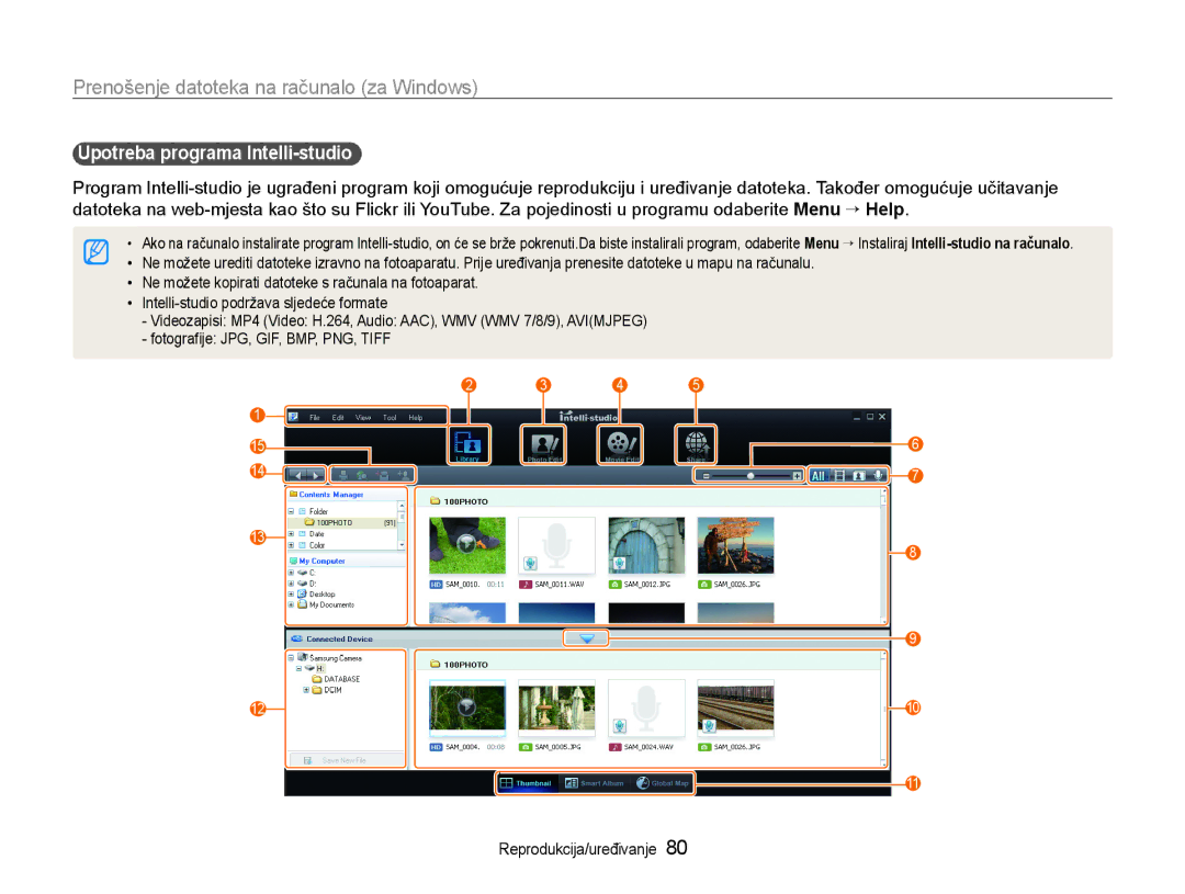 Samsung EC-WB600ZBPBE3, EC-WB600ZBPNE3 manual Prenošenje datoteka na računalo za Windows, Upotreba programa Intelli-studio 