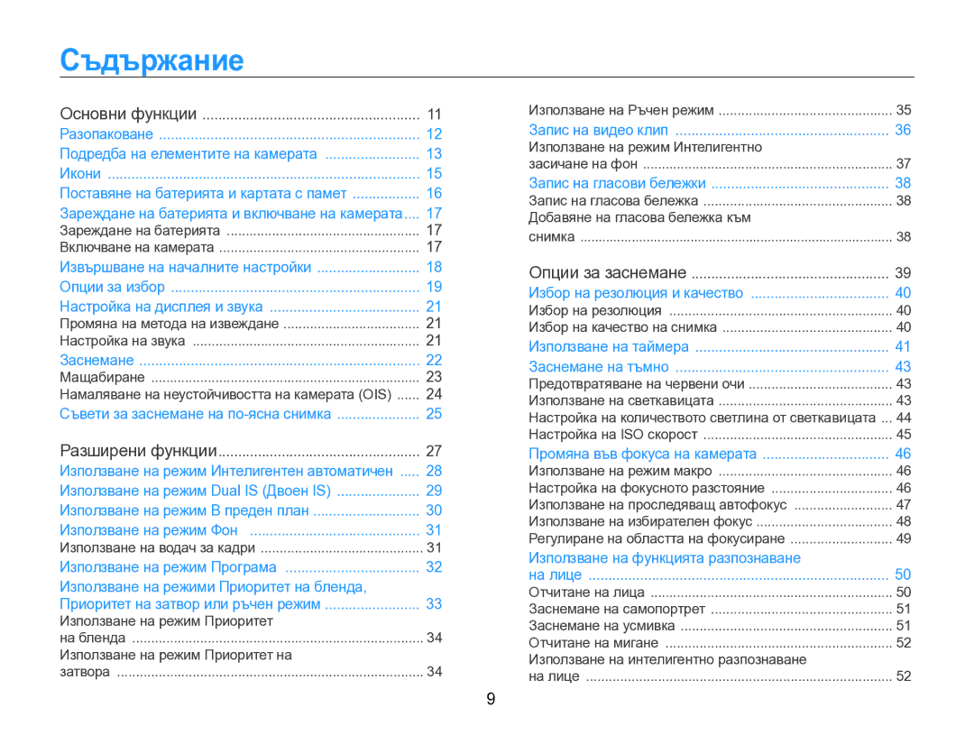 Samsung EC-WB600ZBPBE3 manual Съдържание, Основни функции 