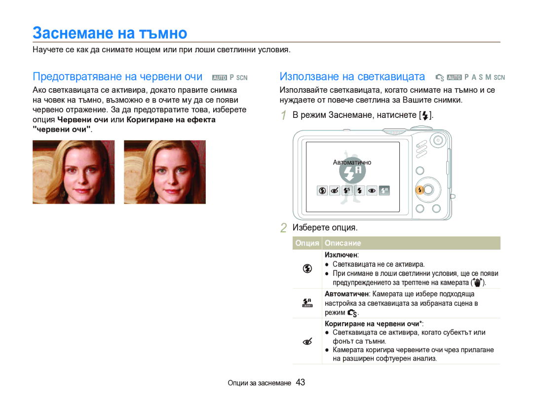 Samsung EC-WB600ZBPBE3 Заснемане на тъмно, Предотвратяване на червени очи a p s, Използване на светкавицата S a p a h n s 