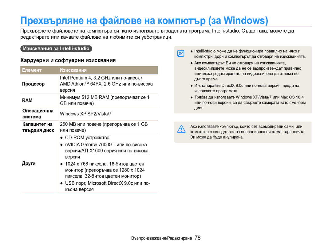 Samsung EC-WB600ZBPBE3 Прехвърляне на файлове на компютър за Windows, Хардуерни и софтуерни изисквания, Елемент Изисквания 