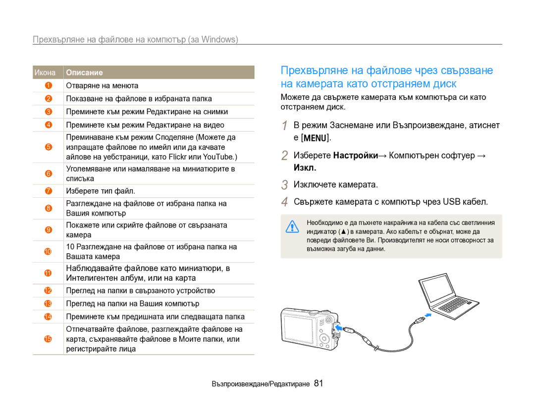 Samsung EC-WB600ZBPBE3 manual Прехвърляне на файлове чрез свързване, На камерата като отстраняем диск, Изкл 