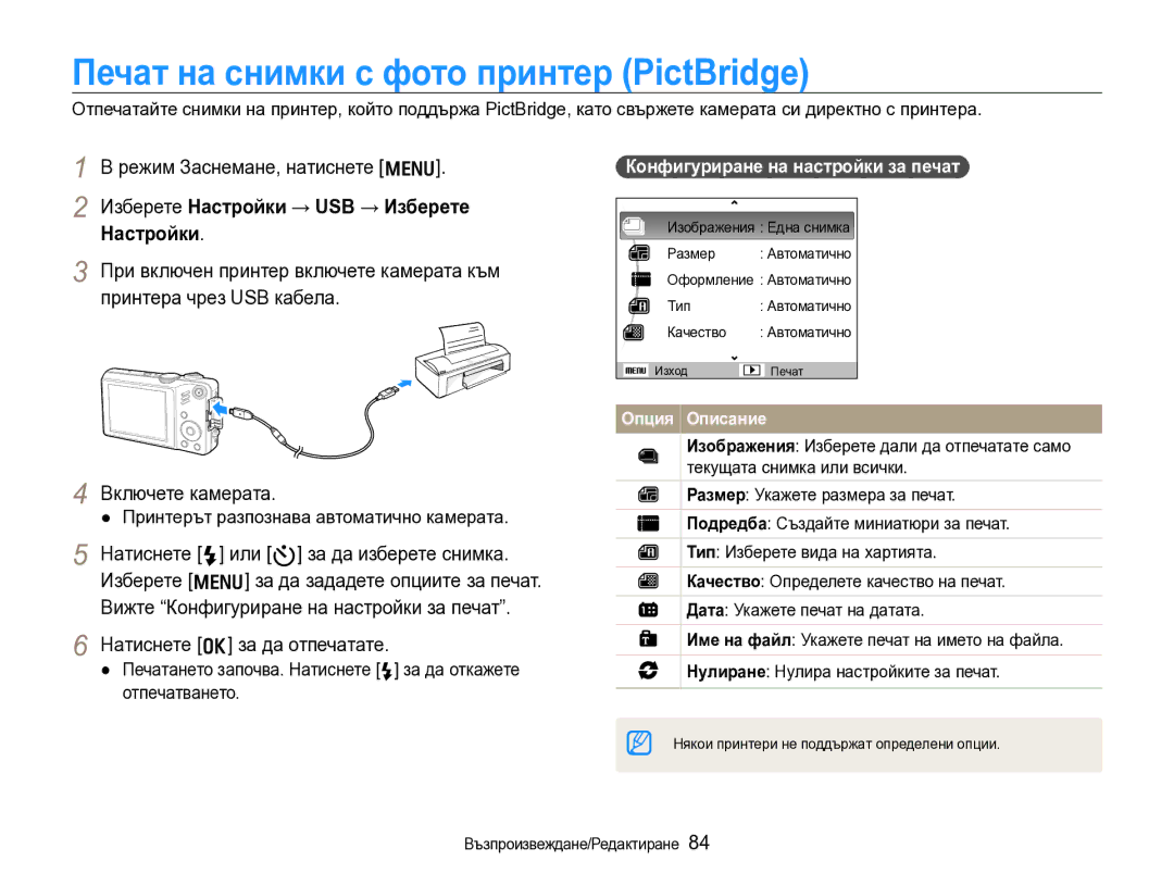 Samsung EC-WB600ZBPBE3 manual Печат на снимки с фото принтер PictBridge, Изберете Настройки → USB → Изберете Настройки 