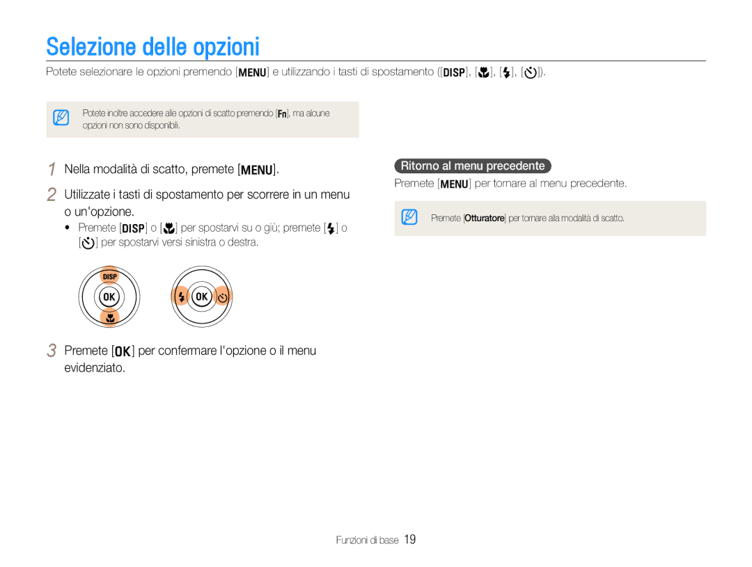 Samsung EC-WB600ZBPNIT, EC-WB600ZDPAME, EC-WB600ZBPAIT, EC-WB600ZBPBIT, EC-WB600ZDPBME, EC-WB600ZBPBE3 manual Funzioni di base 