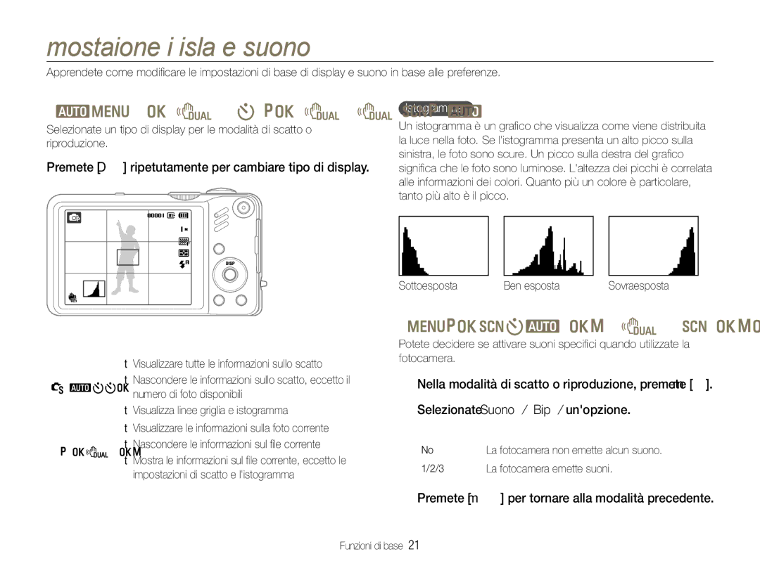 Samsung EC-WB600ZDPBME, EC-WB600ZDPAME Impostazione di display e suono, Cambio del tipo di display, Impostazione del suono 