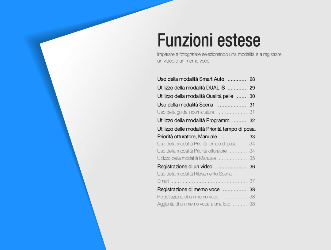 Samsung EC-WB600ZDPBME, EC-WB600ZDPAME, EC-WB600ZBPAIT, EC-WB600ZBPNIT manual Funzioni estese, Uso della modalità Scena ……………… 