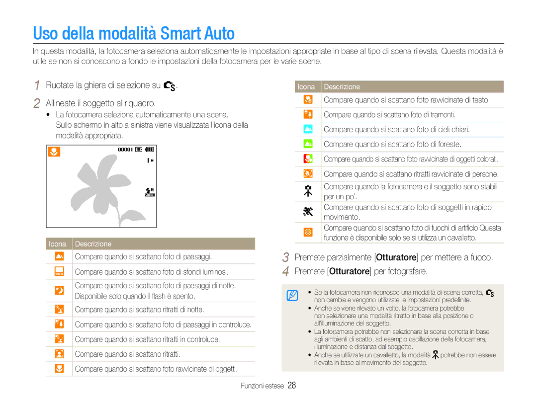 Samsung EC-WB600ZBPBE3 manual Uso della modalità Smart Auto, Compare quando si scattano ritratti di notte, Funzioni estese 