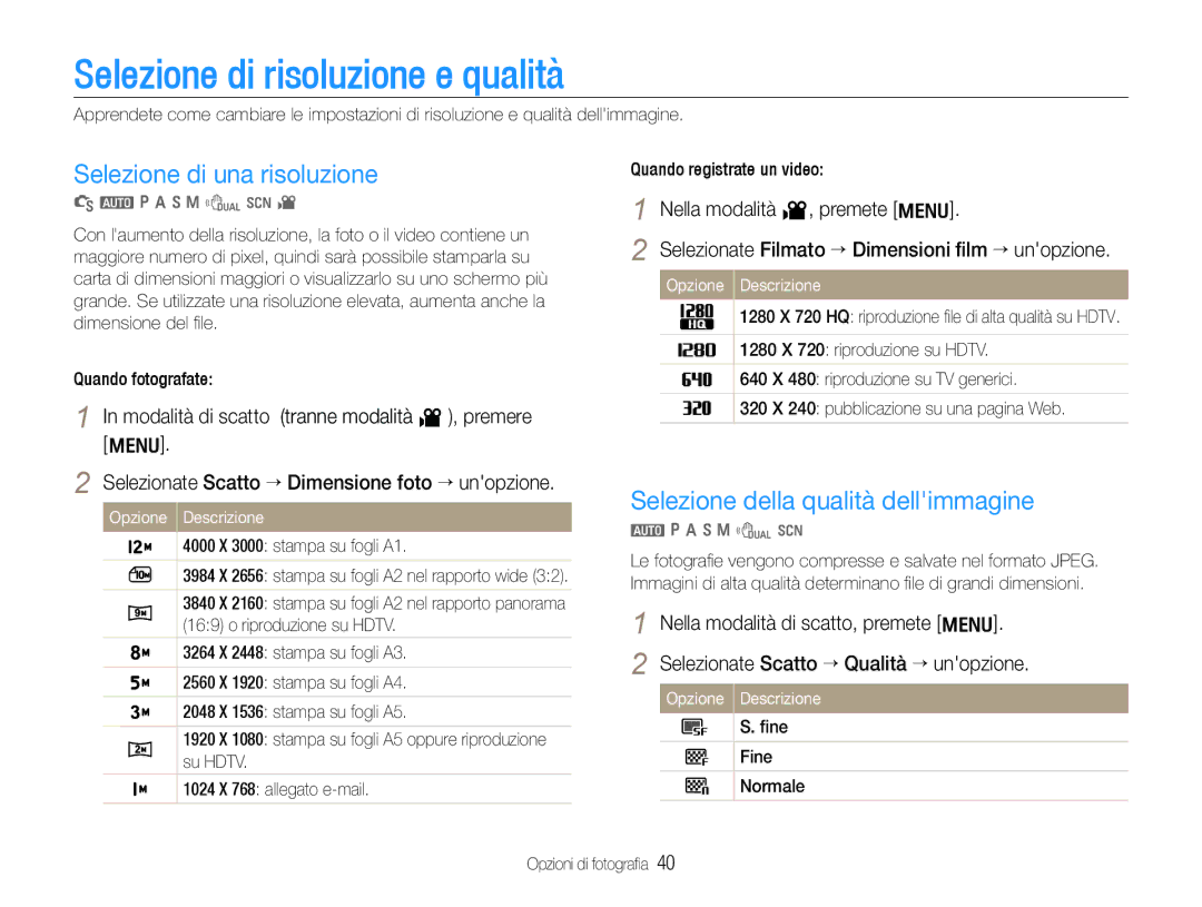 Samsung EC-WB600ZBPBE3, EC-WB600ZDPAME, EC-WB600ZBPAIT Selezione di risoluzione e qualità, Selezione di una risoluzione 