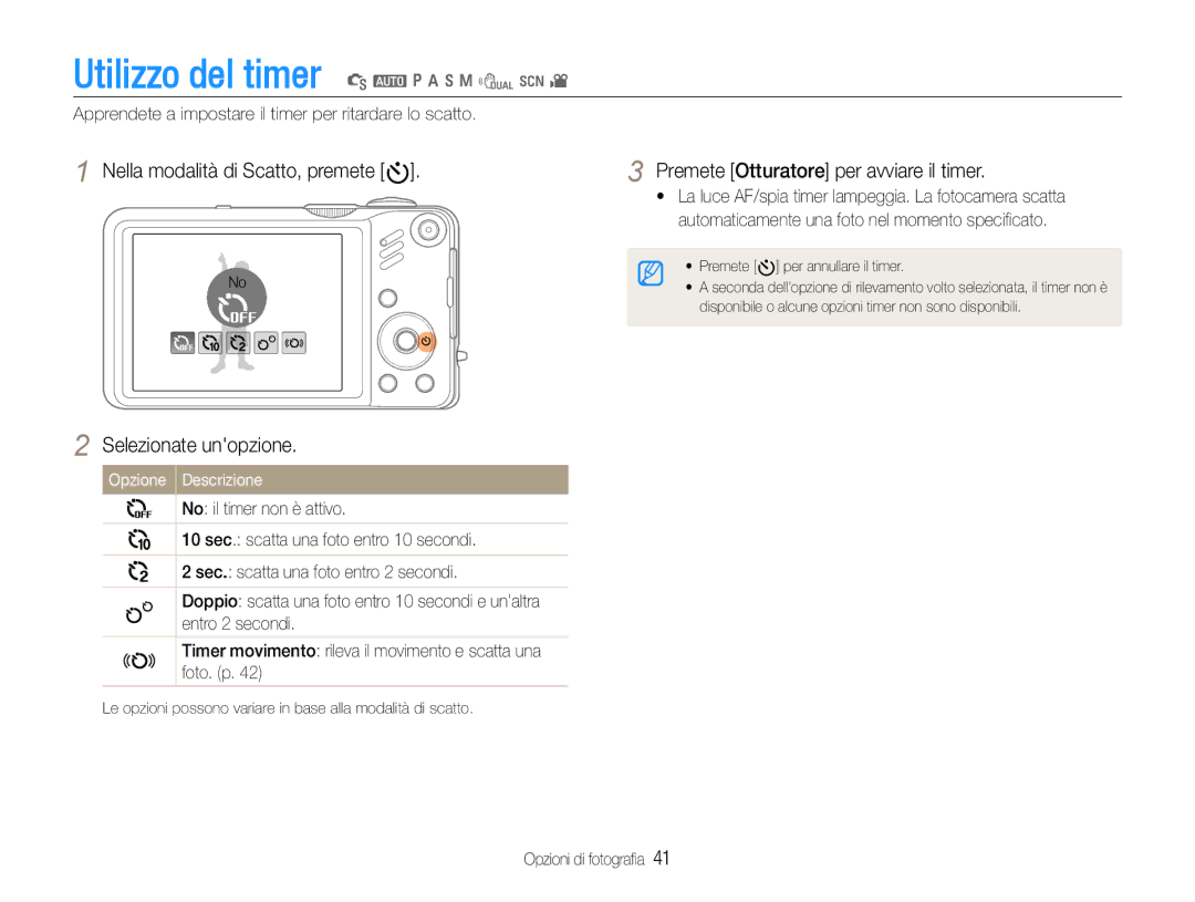 Samsung EC-WB600ZDPAME manual Utilizzo del timer S a p a h n d s, Nella modalità di Scatto, premete t Selezionate unopzione 