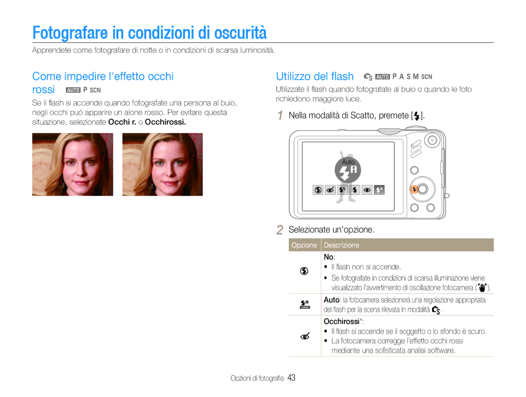 Samsung EC-WB600ZBPNIT, EC-WB600ZDPAME Fotografare in condizioni di oscurità, Come impedire leffetto occhi rossi a p s 