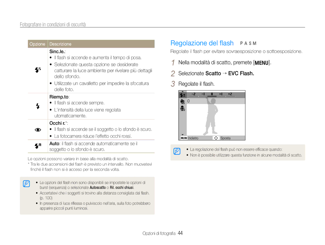 Samsung EC-WB600ZBPBIT, EC-WB600ZDPAME manual Regolazione del ﬂash p a h n, Fotografare in condizioni di oscurità, Sinc.le 
