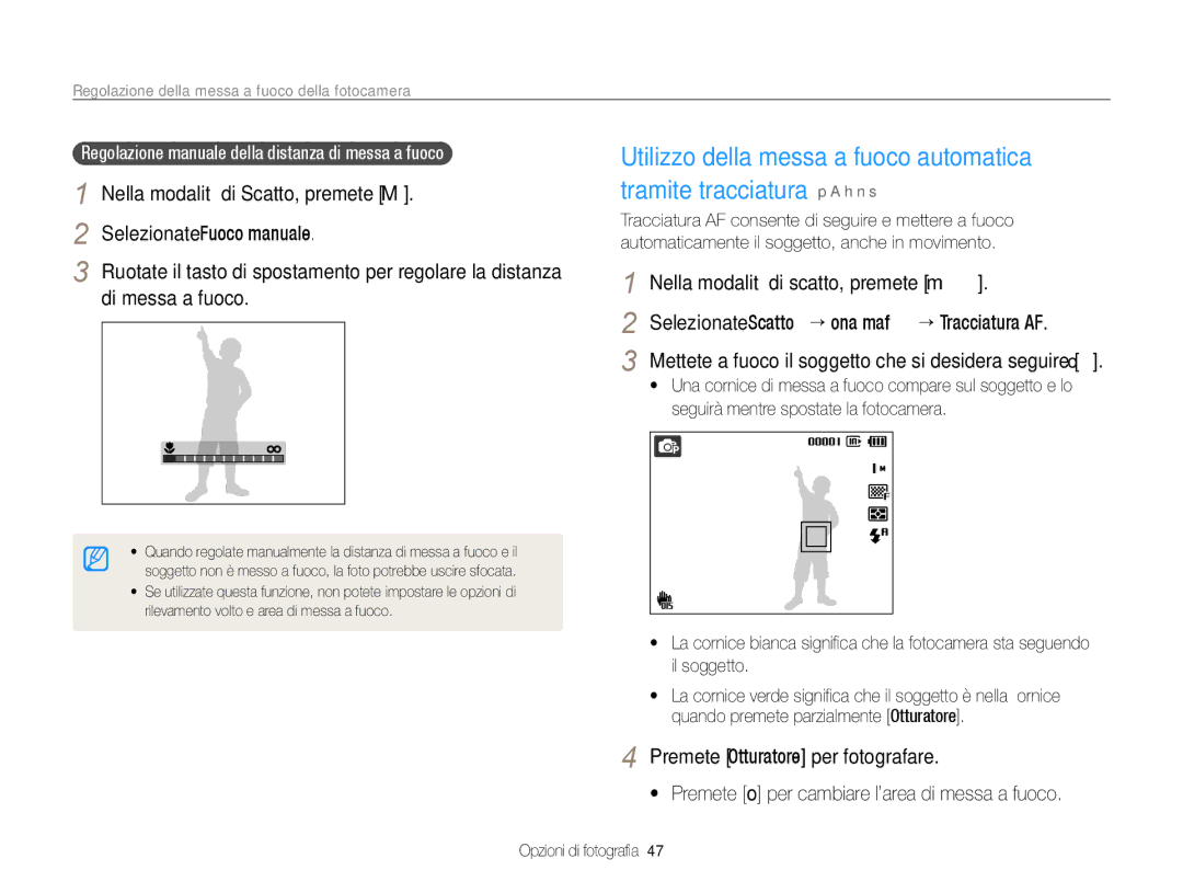 Samsung EC-WB600ZDPAME, EC-WB600ZBPAIT, EC-WB600ZBPNIT, EC-WB600ZBPBIT manual Regolazione della messa a fuoco della fotocamera 