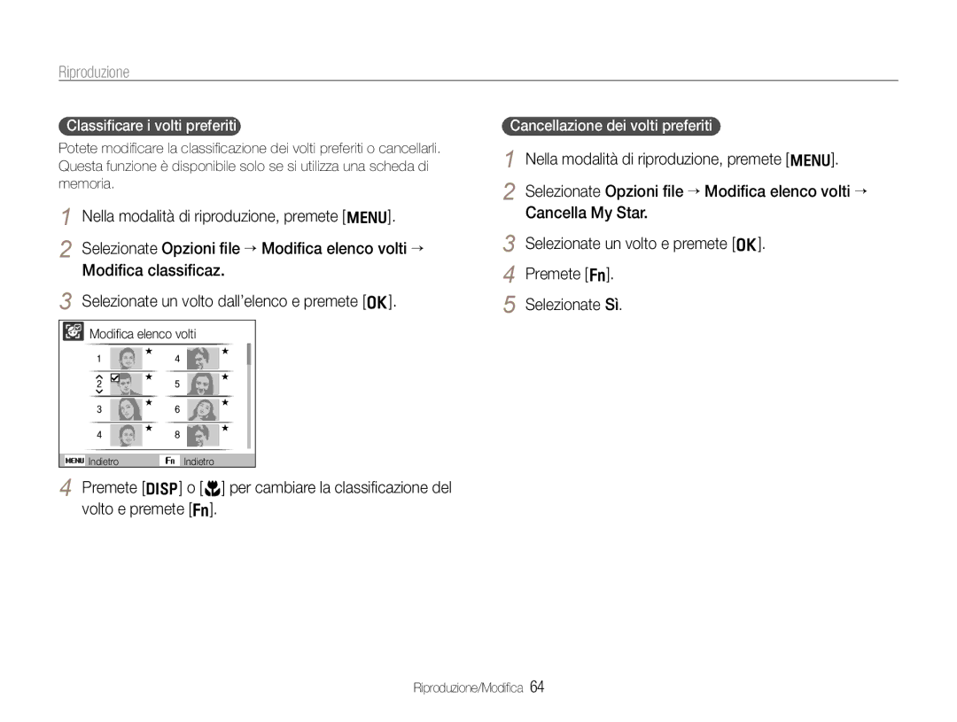 Samsung EC-WB600ZBPBE3, EC-WB600ZDPAME Riproduzione, Classificare i volti preferiti, Cancellazione dei volti preferiti 