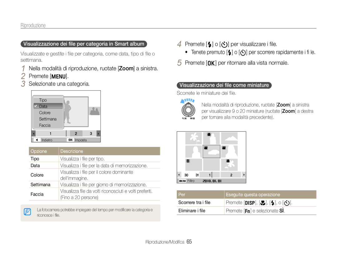 Samsung EC-WB600ZDPAME manual Visualizzazione dei ﬁle per categoria in Smart album, Visualizzazione dei ﬁle come miniature 