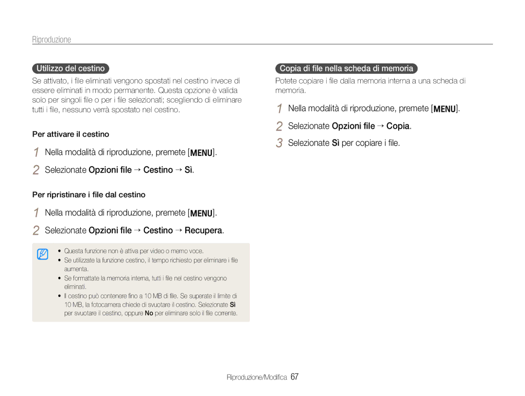 Samsung EC-WB600ZBPNIT, EC-WB600ZDPAME Utilizzo del cestino, Copia di ﬁle nella scheda di memoria, Per attivare il cestino 