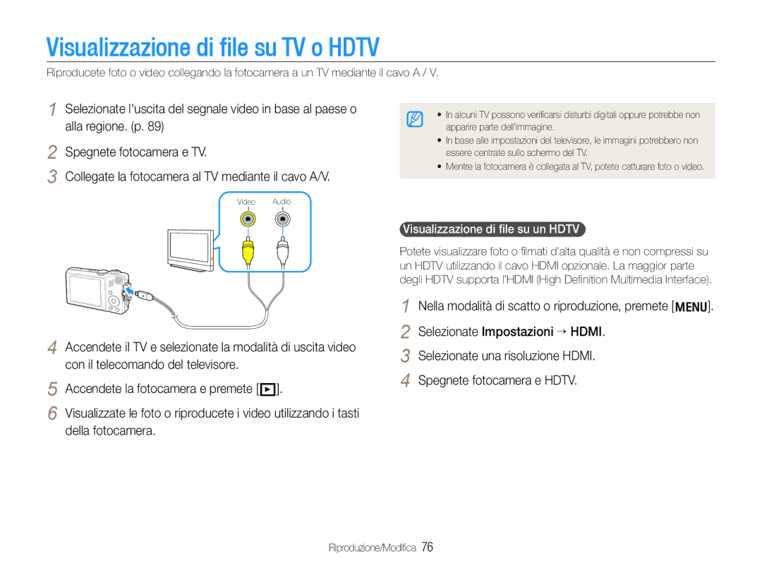 Samsung EC-WB600ZBPBE3, EC-WB600ZDPAME manual Visualizzazione di file su TV o Hdtv, Visualizzazione di ﬁle su un Hdtv 