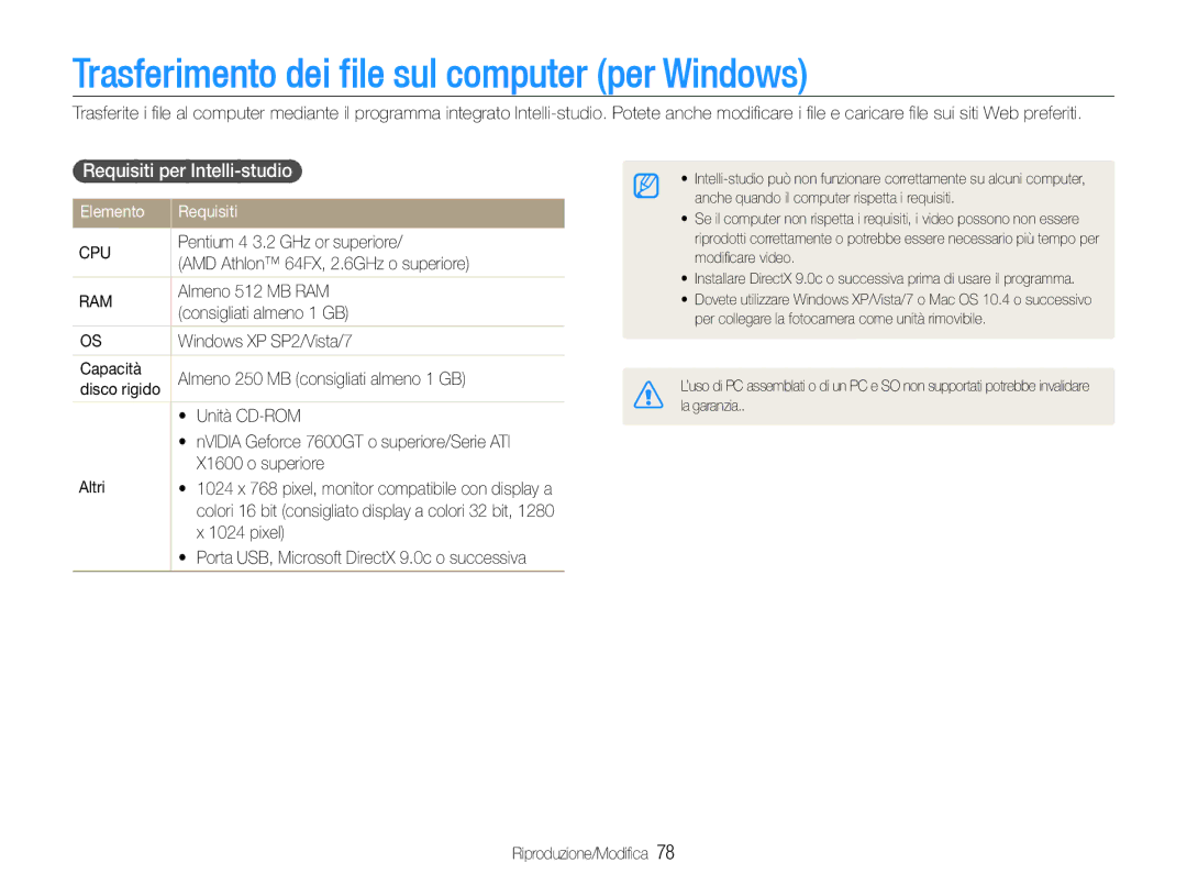 Samsung EC-WB600ZBPAIT Trasferimento dei file sul computer per Windows, Requisiti per Intelli-studio, Elemento Requisiti 