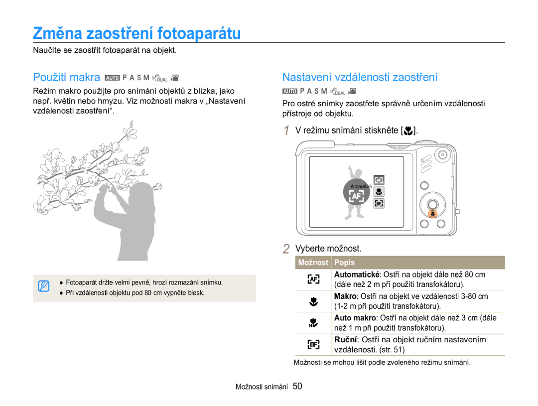 Samsung EC-WB650ZBPBE3 manual =PČQDDRVWĜHQtIRWRDSDUiWX, 3RXåLWtPDNUD a p a h n d, 1DVWDYHQtYGiOHQRVWLDRVWĜHQt 