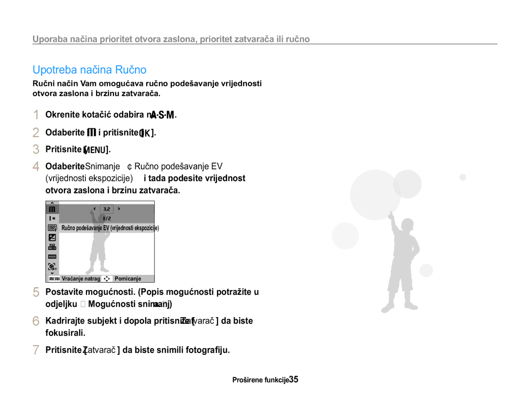 Samsung EC-WB650ZBPAE3 manual 8SRWUHEDQDþLQD5XþQR, 3URãLUHQHIXQNFLMH, 5XþQRSRGHãDYDQMH9YULMHGQRVWLHNVSRLFLMH 