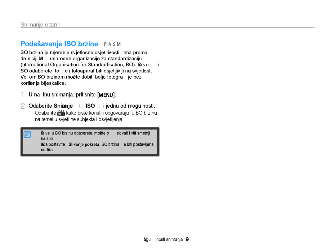 Samsung EC-WB650ZBPAE3, EC-WB650ZBPBE3 manual Podešavanje ISO brzine p a h n, Mogućnosti snimanja 