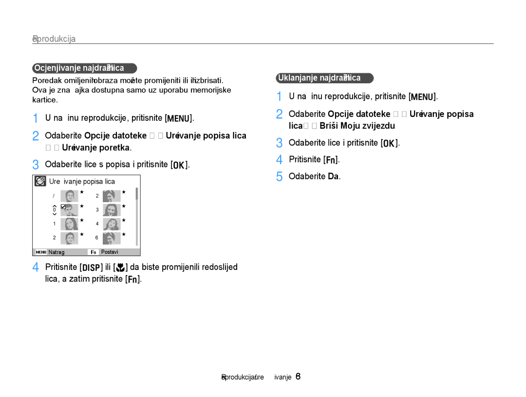 Samsung EC-WB650ZBPBE3, EC-WB650ZBPAE3 manual Načinu reprodukcije, pritisnite m, Odaberite lice s popisa i pritisnite o 