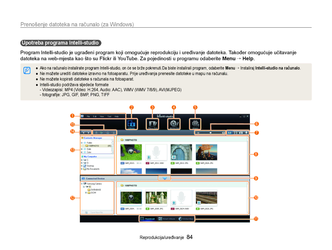 Samsung EC-WB650ZBPBE3, EC-WB650ZBPAE3 manual Prenošenje datoteka na računalo za Windows, Upotreba programa Intelli-studio 