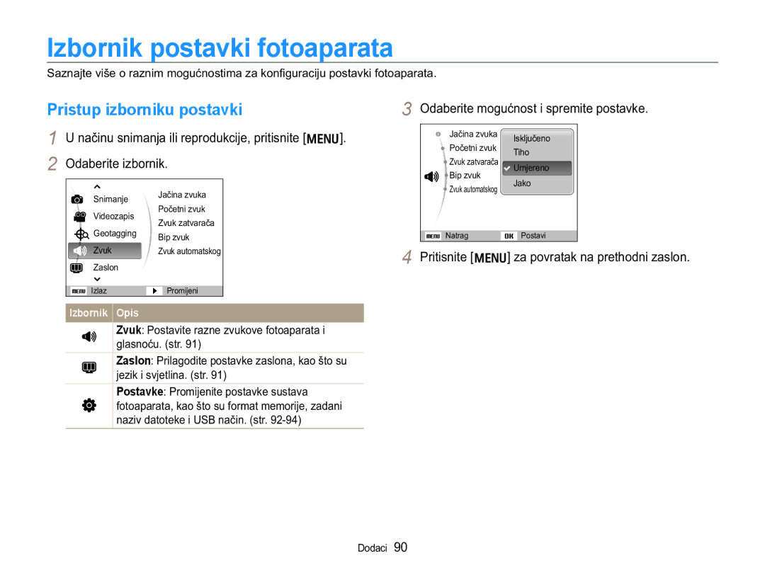 Samsung EC-WB650ZBPBE3 Izbornik postavki fotoaparata, Pristup izborniku postavki, 2GDEHULWHPRJXüQRVWLVSUHPLWHSRVWDYNH 